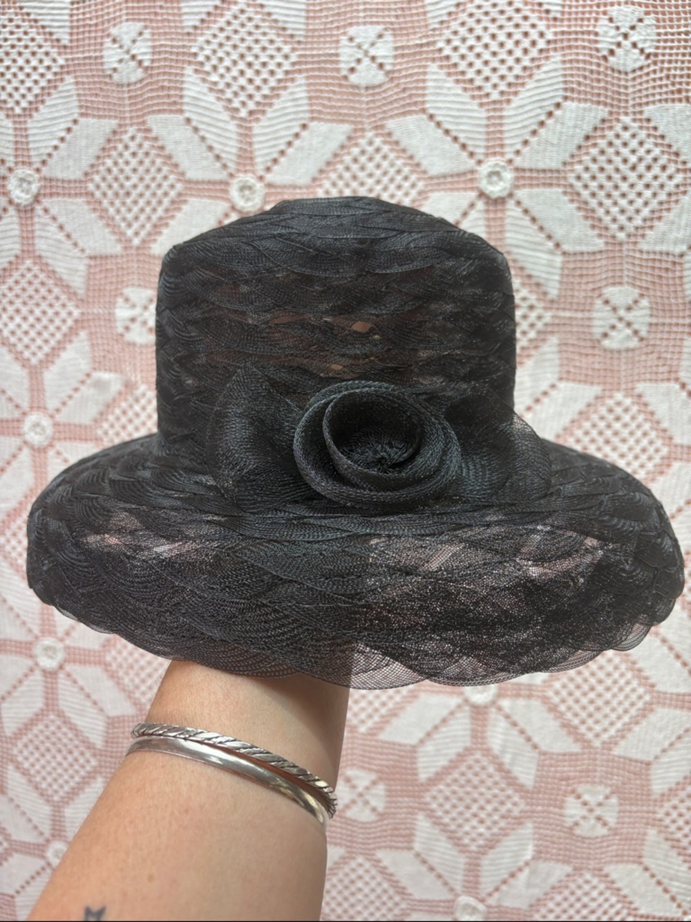 Black Sinamay Wide Brim Hat | Rosette Detail | Occasion